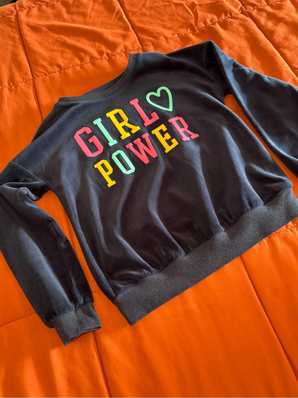 Girl Power Navy Blue Velvet Pullover Sweater, Perfect School Sweater